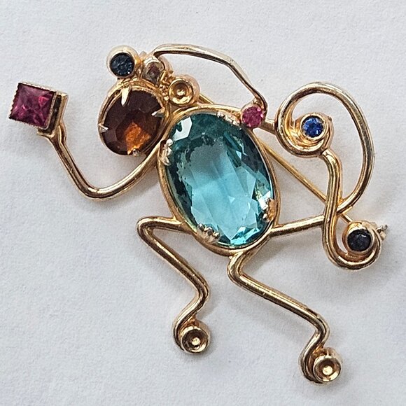 Vintage Sterling Gold Vermeil Coro Menagerie Wirework Monkey Rhinestone Brooch - Picture 1 of 4